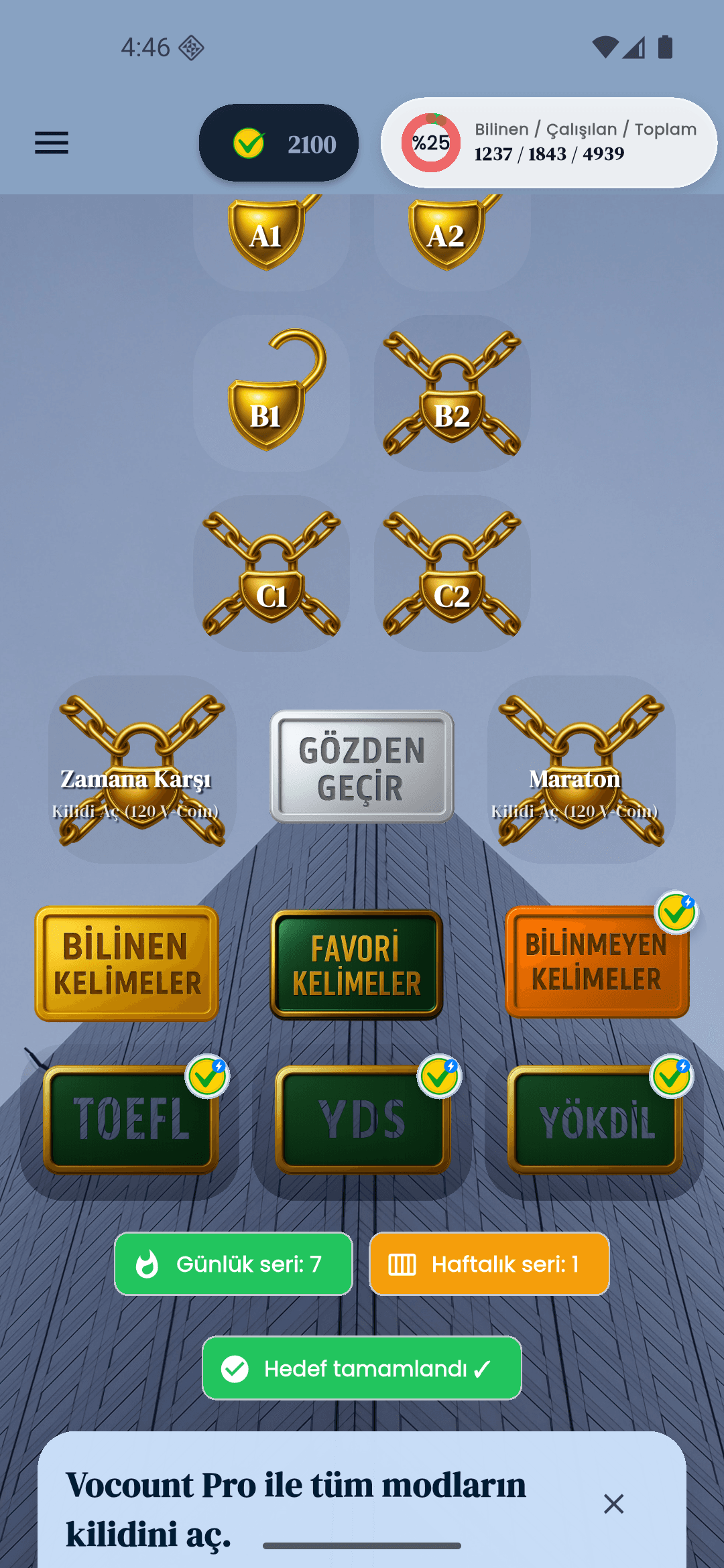 Vocount ana ekranda seviye seçimi ve kilitli açılabilir seviyeler. Bu ekran iOS ve Android uygulamasını temsil eder.