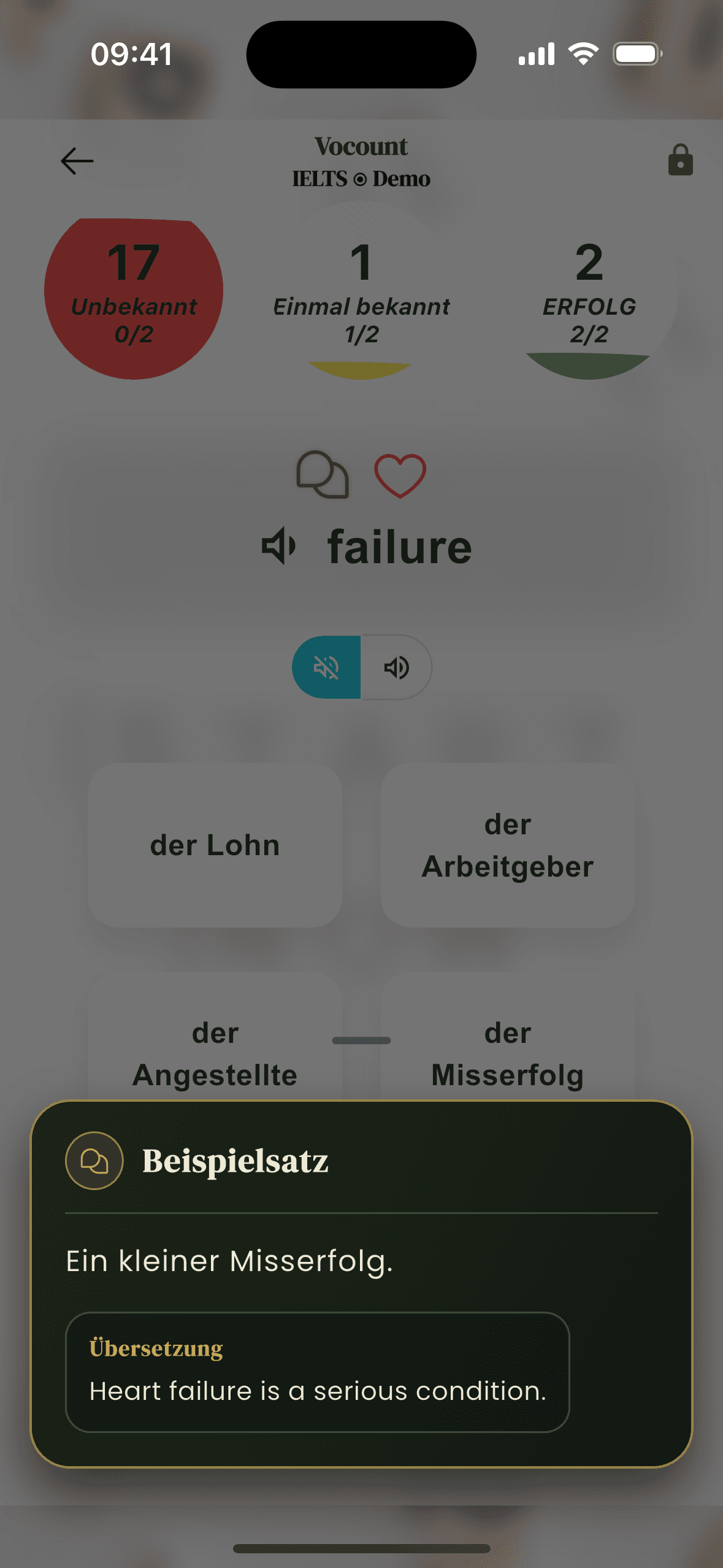 Vocount Karte mit Aussprache Button und Beispielsatz. Dieser Screen steht für die iOS- und Android-App.