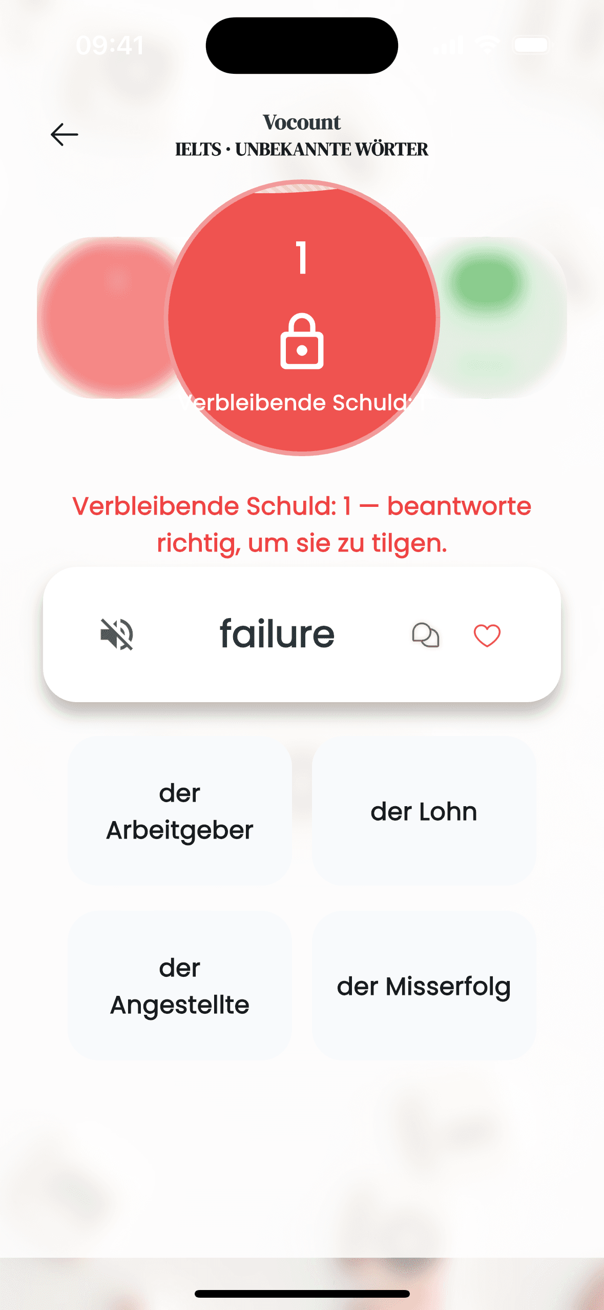 Vocount Quiz Ansicht mit Antwortentscheidungen. Dieser Screen steht für die iOS- und Android-App.