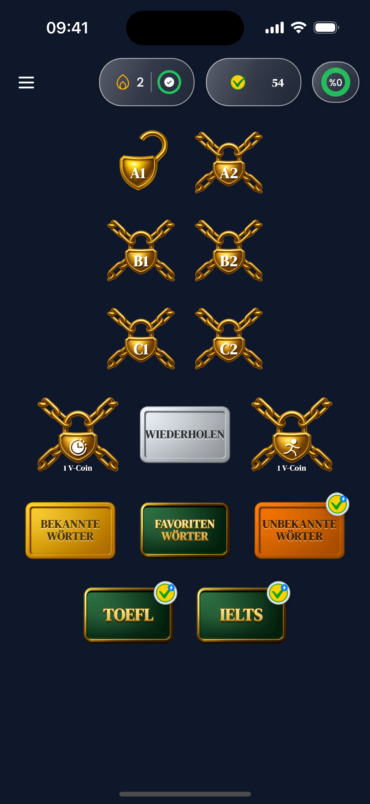 Unknown Words und Favoriten in Vocount. Dieser Screen steht für die iOS- und Android-App.