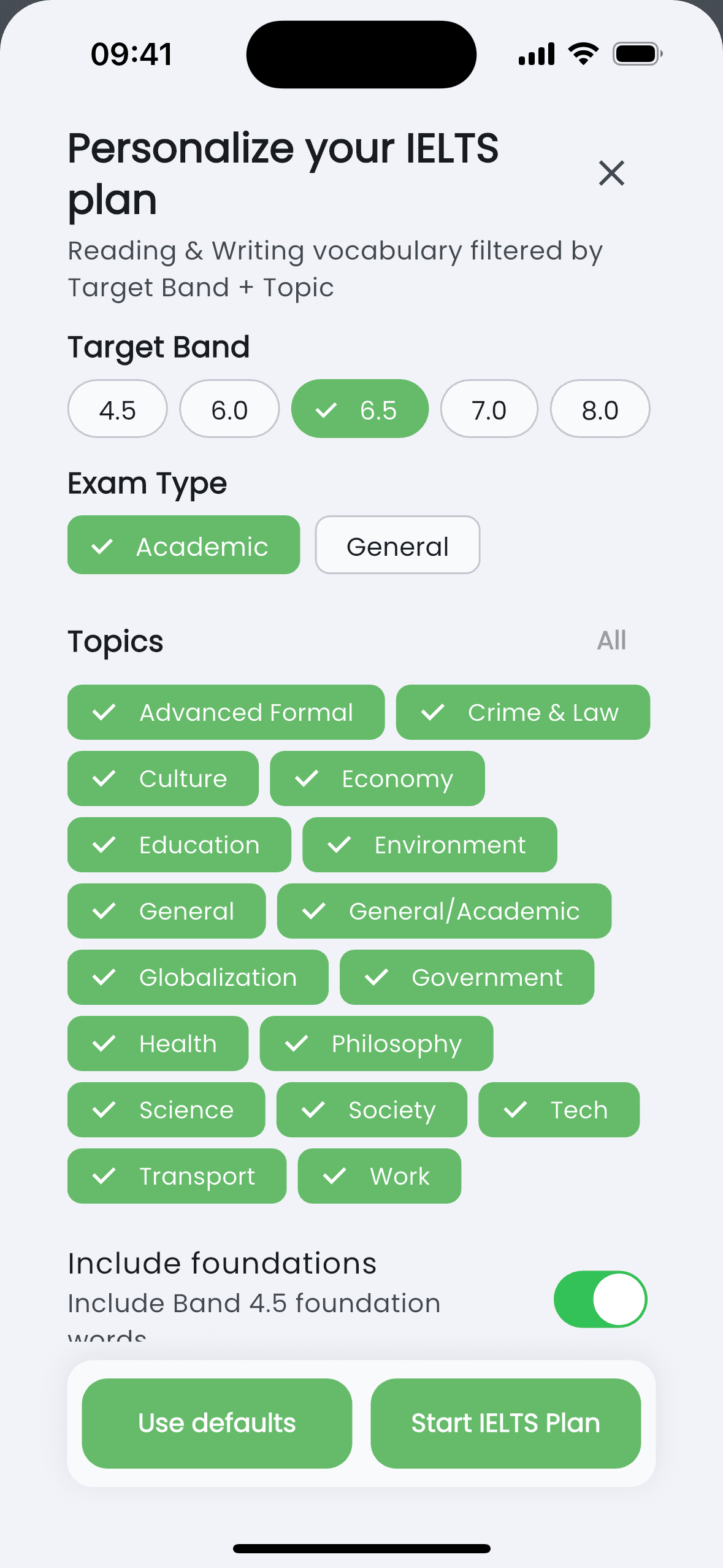 Vocount Auswahl fur Worttyp und Zielpfad. Dieser Screen steht für die iOS- und Android-App.
