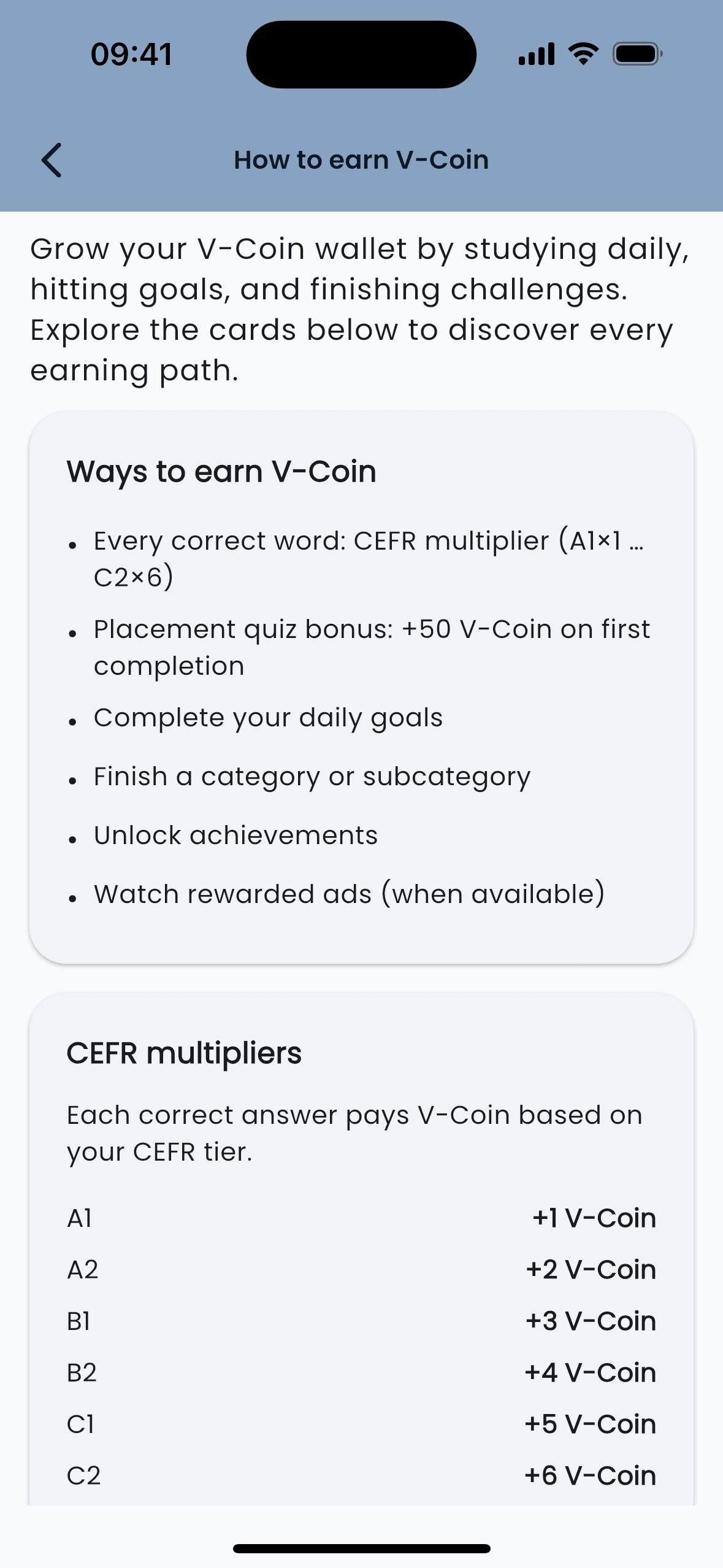 Vocount goal panel with daily target streak and leaderboard cards. This screen represents both iOS and Android apps.