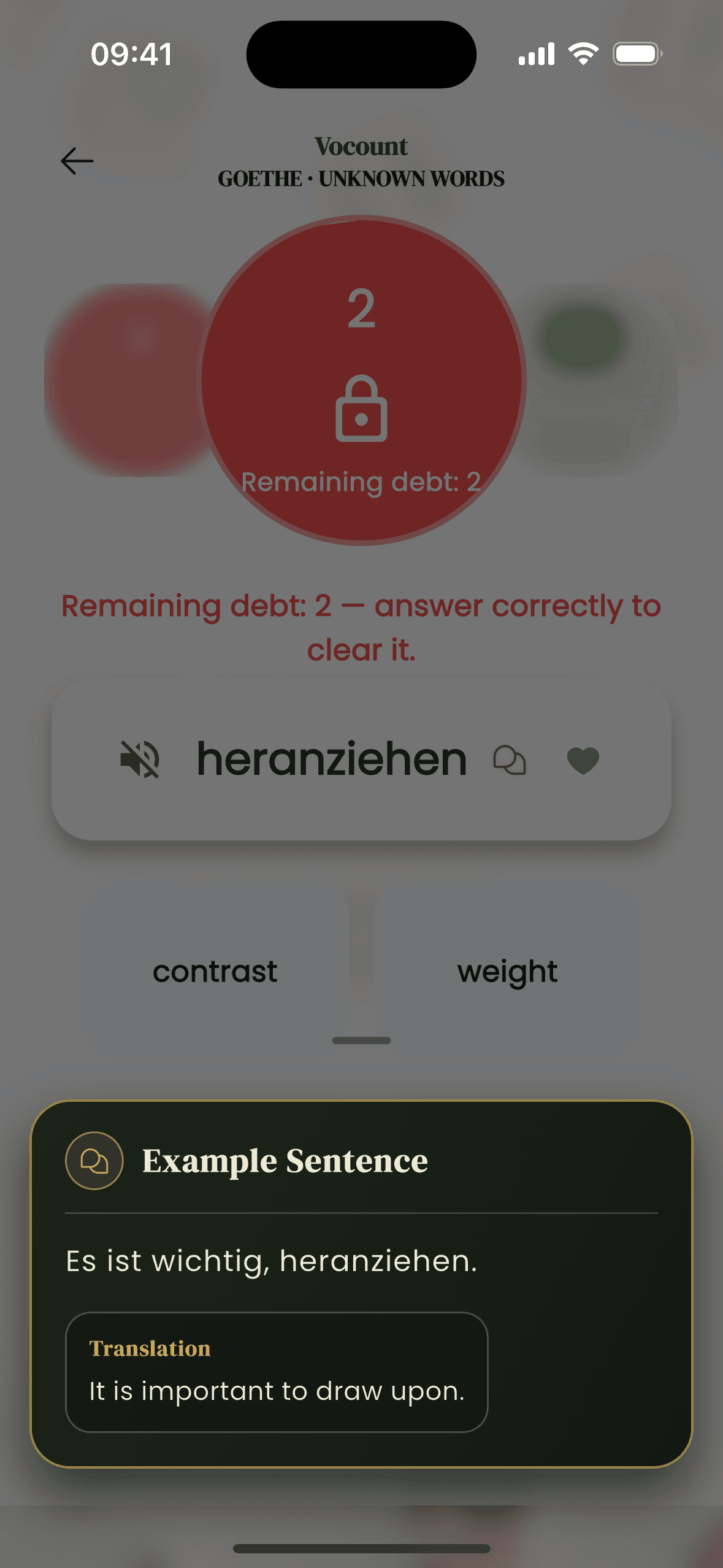 Vocount quiz screen showing a vocabulary recognition decision. This screen represents both iOS and Android apps.