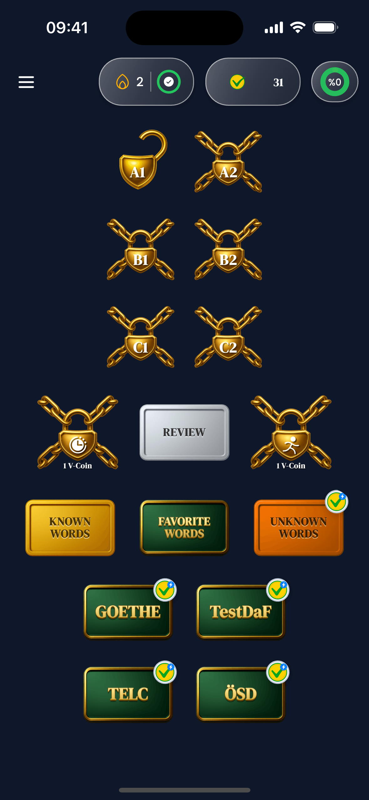 Vocount word-type selection screen with exam and general learning options. This screen represents both iOS and Android apps.