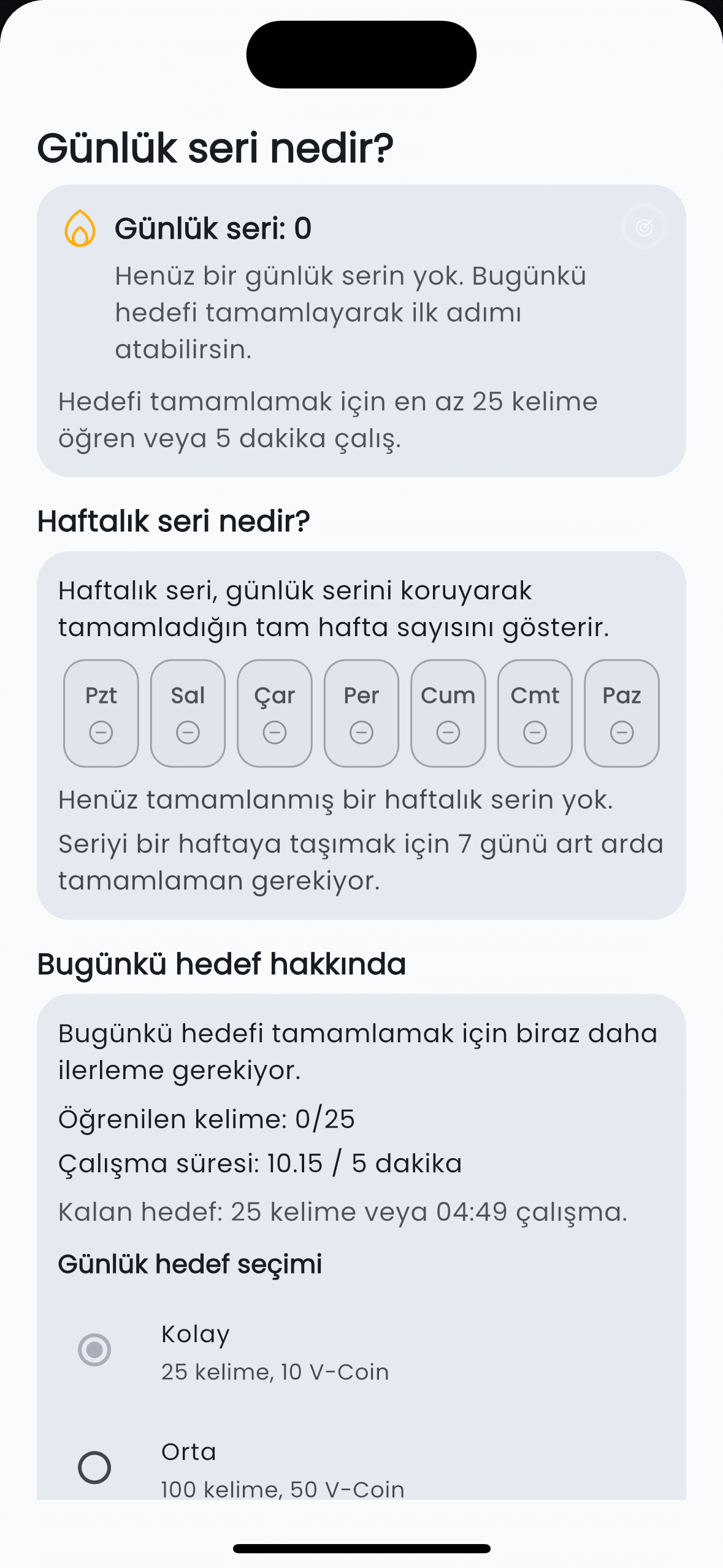 Vocount hedef takip panelinde günlük hedef streak ve leaderboard kartları. Bu ekran iOS ve Android uygulamasını temsil eder.