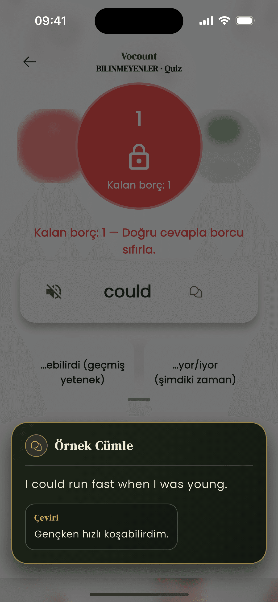Vocount quiz ekranında kelime tanıma adımı ve cevap seçenekleri. Bu ekran iOS ve Android uygulamasını temsil eder.