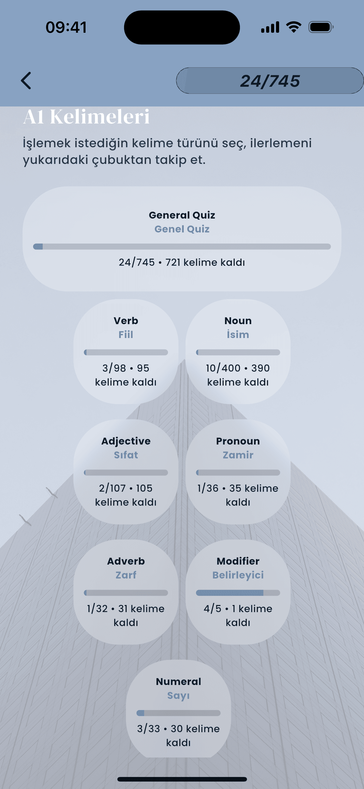 Vocount kelime türü seçim ekranında genel öğrenme ve sınav pathway seçenekleri. Bu ekran iOS ve Android uygulamasını temsil eder.